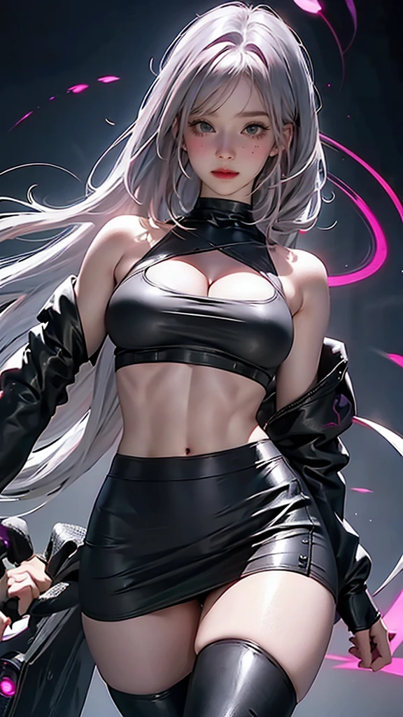 realistic, 1girl, white hair, purple eyes, glowing eyes, crop top, skirt, parted lips, blush, night, flowers, sun, sunlight,