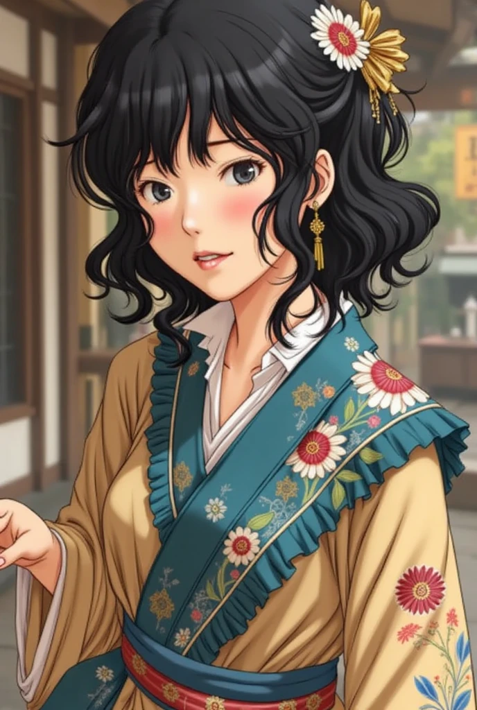 Kaoru Tanamachi(1:2),  super detailed face,  paying attention to details ,  anatomically correct body , turn around and wink, Ornate furunose , feather shawl , A bustling shrine , first visit of the year to a shrine 