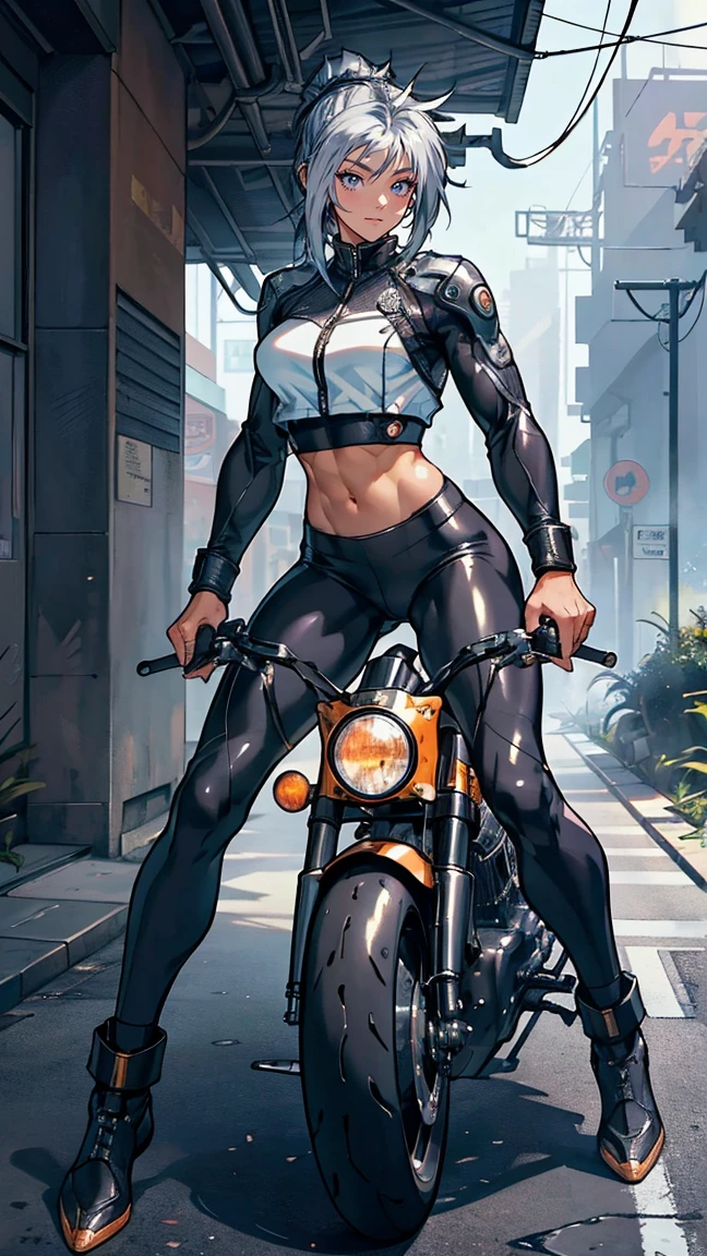 ((masterpiece, top quality ; 1.3)), top quality, beautiful detail, very detailed, Ultra-Fine, 16k, exquisite, abs Urd, high res, beautiful background, detailed background, beautiful eyes, Beautiful skin, anime style , (1 female, Alone), beauty, flowing hair , white uniform, is wearing tight clothes, Tall, ( Rise of the Center : 1.2), ( muscular body flowing through a bowl: 1.2), abs, Six Pack, obliques, Muscular biceps, Hamstrings, thin waist, thin thighs , Thigh Gap, showing belly, skinny, thin waist, Cyberpunk city background,I'm riding a Harley motorcycle and driving on the highway