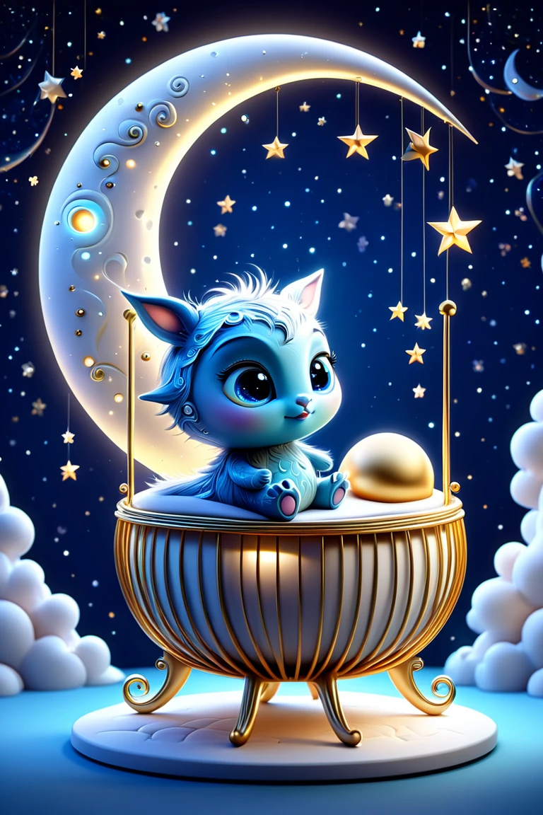 perfection night,stars,moon,little crib,cute babe creature,unforgettable impressive beauty,three-dimensional light,stylized abstract illustration with elegant,smooth lines that give the drawing a whimsical character by tinart style,a randomly chosen moment complements the overall atmosphere of creativity and the art of luxury