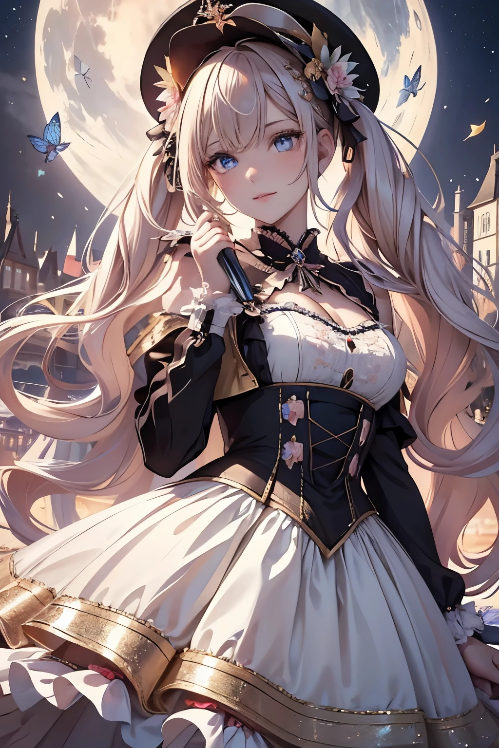 (best quality,4k,8k,highres,masterpiece:1.2),ultra-detailed,(realistic,photorealistic,photo-realistic:1.37),acrylic painting,beautiful German model in a ta dress with downy hair,beautiful German model with extremely colorful hair and detailed facial features,beautiful German model standing in a beautiful garden surrounded by a starry sky,beautiful German model wearing a vibrant Loliress,beautiful German model with intricate accessories and a matching hat,beautiful German model posing gracefully with her hands on her hips,beautiful German model with long flowing twintails,beautiful German model with bright blue eyes and rosy lips,beautiful German model with a joyful expression,beautiful German model in a dynamic pose with cherry blossoms falling around her,beautiful German model surrounded by colorful flowers and butterflies,beautiful German model's dress adorned with cute bows and lace details,beautiful German model with an enchanting smile,beautiful German model with soft, pastel-colored shading,beautiful German model with a magical glow illuminating her,beautiful German model in a picturesque setting with a winding path leading to a magnificent castle,beautiful German model holding a microphone and singing passionately,beautiful German model with a fairytale-like background,beautiful German model with a soft, dreamy atmosphere,beautiful German model with a subtle bokeh effect,beautiful German model standing under a moonlit sky,beautiful German model with a warm, golden sunset in the background,beautiful German model surrounded by twinkling stars and colorful nebulae,creating an ethereal and captivating artistic masterpiece.