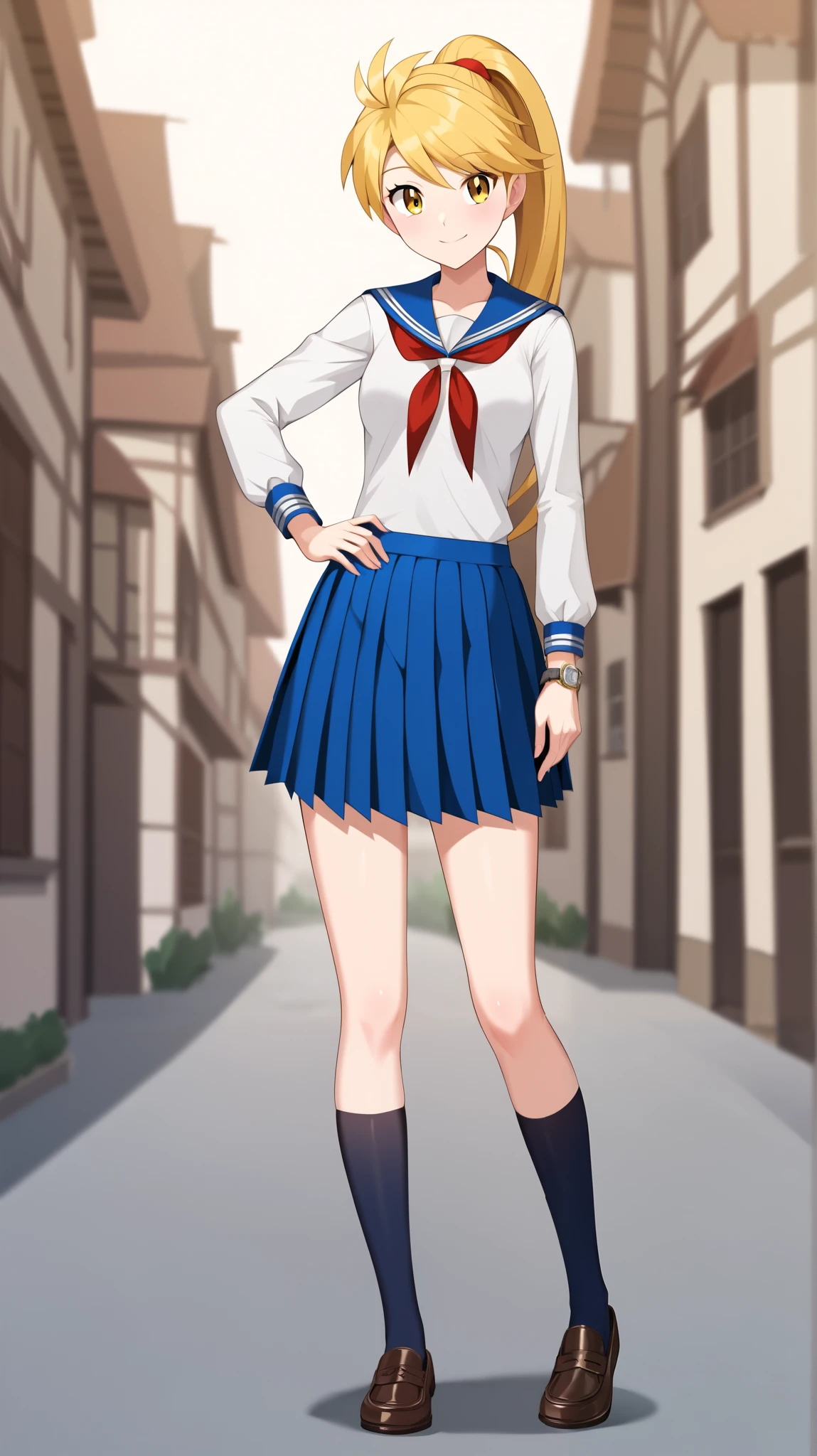 (( top quality )), ((masterpiece)), (( Details)), 1girl,  golden hair color,  ponytail,  long hair, Yellow Eyes,  long sleeve sailor suit,  blue pleated mini skirt ,  high school girl,  black knee-highs,  absolute domain,  thighs,  loafers without pants,  Tall,  ANIME COLORING BOOK,  Watch Viewers , 1 Female, ,  is standing, whole body, Place one hand on hip,  slim figure,  sexy smile,  seductive smile, Two legs, two arms, town, (\ Pokémon\),  score_9,  score_8_Excellent,  score_7_Excellent,  score_6_Excellent,  Source_Anime,  Cell Shading,  flat color, vector,