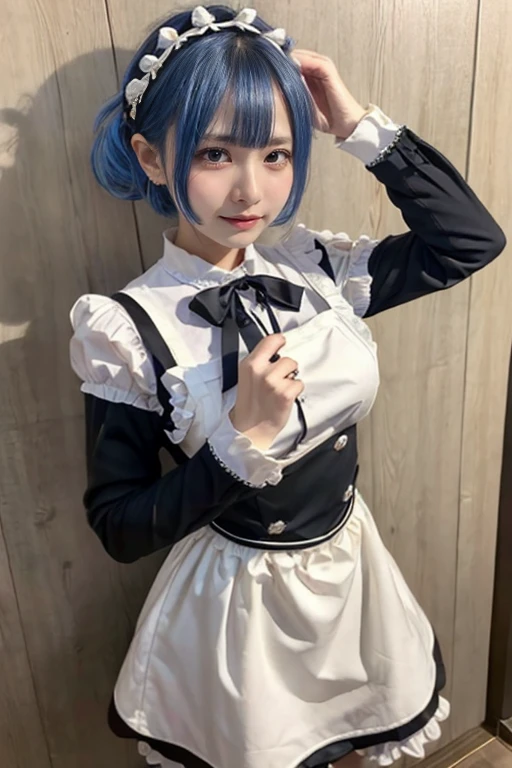 ​masterpiece,  top quality , Hi-s, Rem 1,  one girl , solo, IN\(:Stay Night\),  blue hair,  white tie high ,  short hair with shadows,   red eyes,  Hair over one eye, Ribbon trim,  hair bow,  hair ornament, frilld,  maid's headdress,  waist apron ,  Garter Strap ,  black ribbon,  small boobs,  Long Sleeve ,  white apron,  ribbon around neck ,  Purple Ribbon ,  wide sleeve, Flowers in hair,