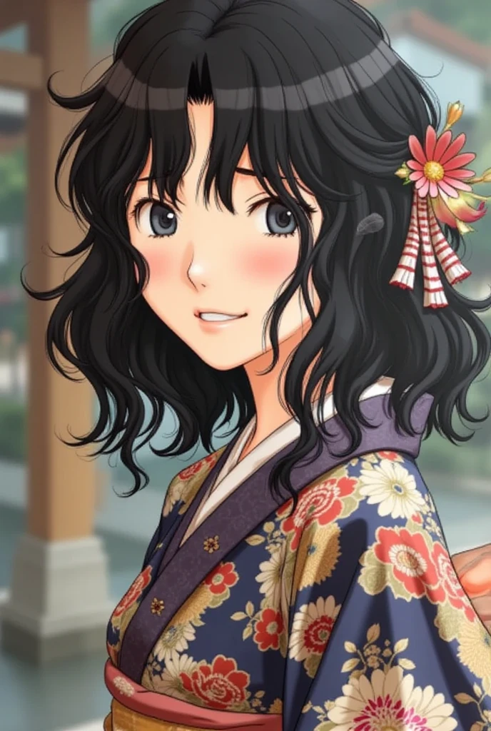 Kaoru Tanamachi(1:2),  super detailed face,  paying attention to details ,  anatomically correct body , turn around and wink,  Japanese Kimono(1:2), Ornate furunose , feather shawl , A bustling shrine , first visit of the year to a shrine 