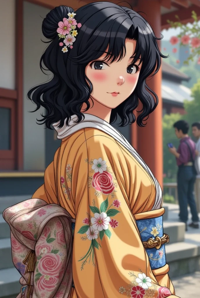 Kaoru Tanamachi(1:2),  super detailed face,  paying attention to details ,  anatomically correct body , turn around and wink,  Japanese Kimono(1:2), Ornate furunose , feather shawl , A bustling shrine , first visit of the year to a shrine 