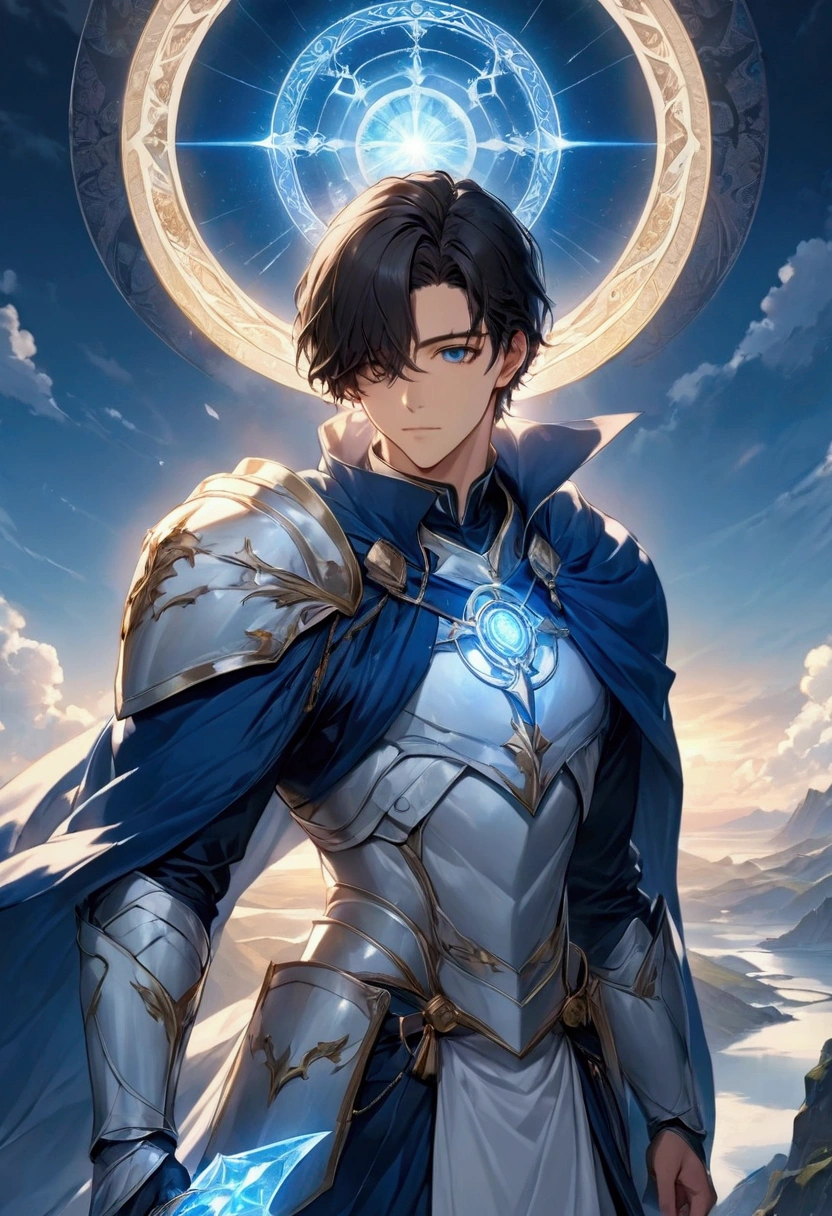 's greatest masterpiece ,  High Quality  , 25-year-old handsome and fearless dark-haired young man"Asuka" , Young Hero , Alone , Paladin with majestic white armor and a blue cloak , ( thrusts the sacred sword to the earth ) , Wear a sacred blue aura , Advanced magic circle blue on the earth  , Real Digital Art  ,  very detailed , 4ｋ
