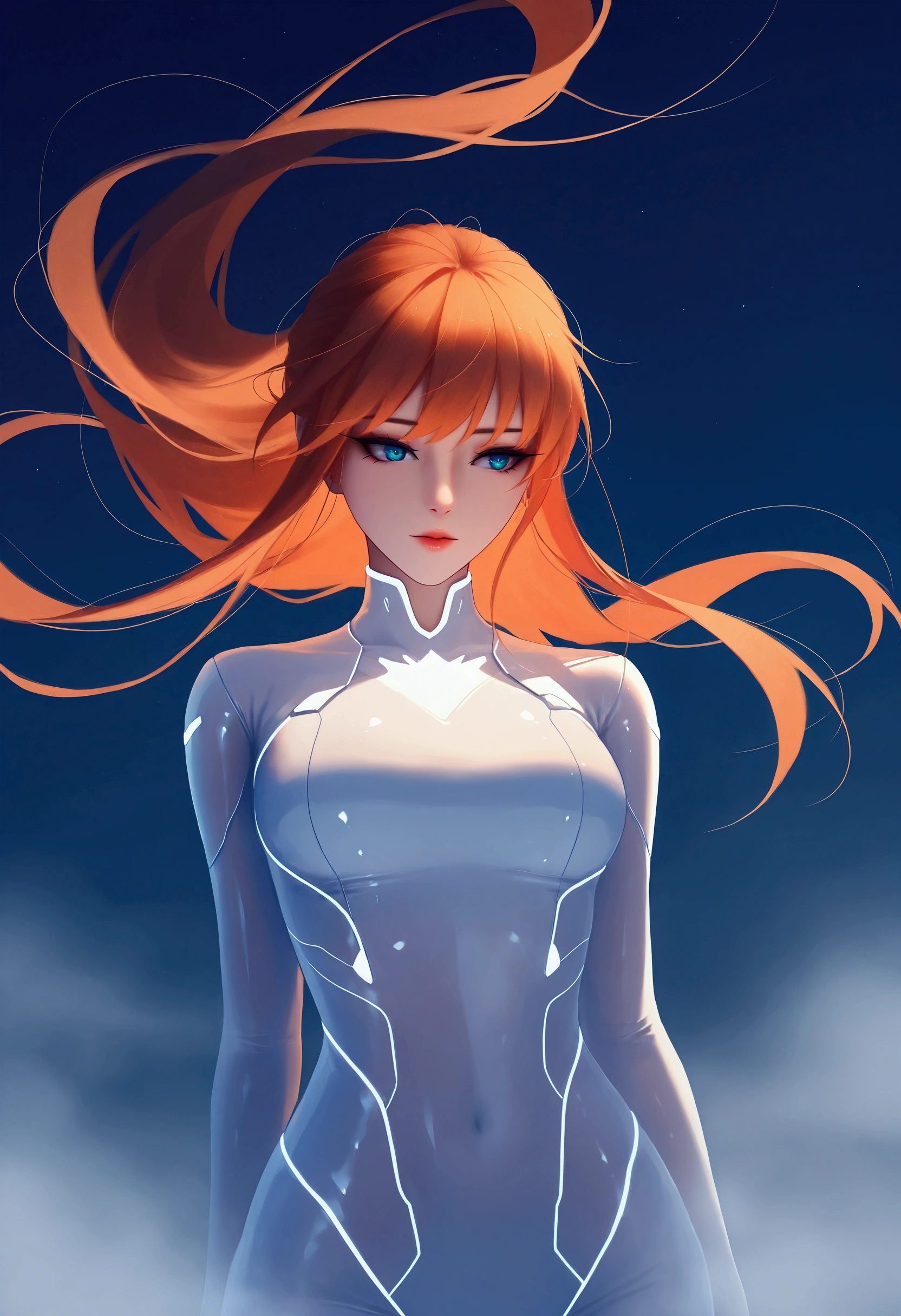 a beautiful female model, transparent white bodysuit, slowly fading away, detailed face, beautiful eyes, full lips, long lashes, flowing hair, elegant pose, dramatic lighting, ethereal, Surreal, dreamlike, mist, Fog, shimmer, glowing, photorealistic, 8k, high-quality, cinematic, masterpiece,Under the empty city night sky, Orange Hair ,