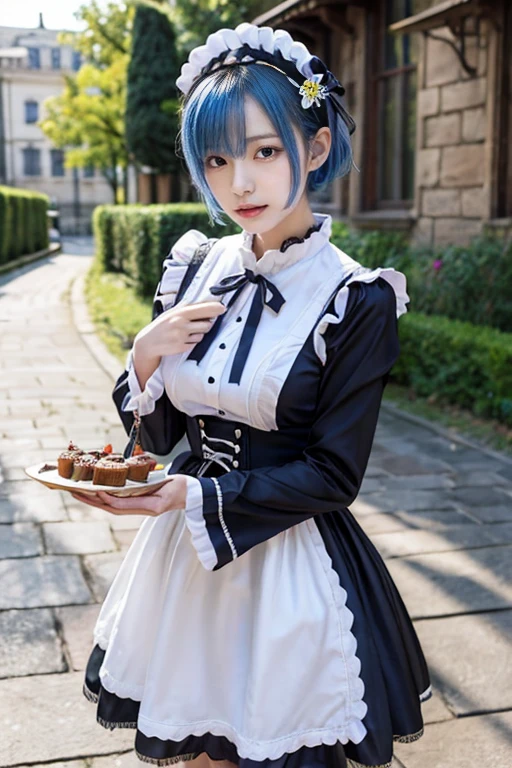 ​masterpiece,  top quality , Hi-s, Rem 1,  one girl , solo, IN\(:Stay Night\),  blue hair,  white tie high ,  short hair with shadows,   red eyes,  Hair over one eye, Ribbon trim,  hair bow,  hair ornament, frilld,  maid's headdress,  waist apron ,  Garter Strap ,  black ribbon,  small boobs,  Long Sleeve ,  white apron,  ribbon around neck ,  Purple Ribbon ,  wide sleeve, Flowers in hair, Watch Viewers 、 close-up,