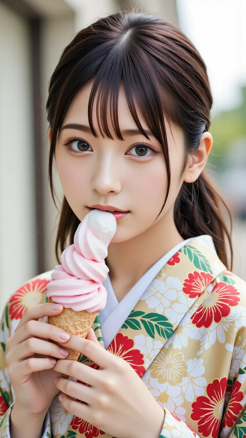   Beautiful European Woman with Her Mouth Wide Open, wearing a beautiful kimono, (masterpiece,  Best quality 1.4), (8k,  RAW photos :1.2), ( realistic, photo  realistic:1.4), Super high resolution, ( High Definition 8K Wallpaper ),  Japanese idol ,  Japanese Actress,  so cute,  big eyes,   detailed faces and eyes ,  Regain Color to Your Face  ,  beautiful eyes,  glowing skin,  Portrait, ( twin tails:1.2), (smile:1.3), (  Holding a Soft Ice Cream Cone  ,   Soft Ice Cream in Her Mouth  :1.2), illumination, Depth, edge Depth, ( Dynamic Angle:1.4),  Blurry Backgrounds , Bokeh, (kimono,  frill skirt :1.2), ( Daytime in the Park  ).