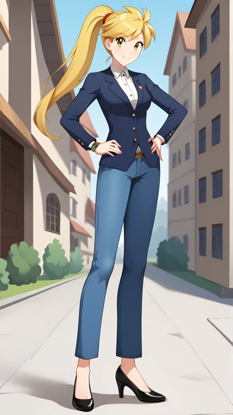 (( top quality )), ((masterpiece)), (( Details)), 1girl,  golden hair color,  ponytail,  long hair, Yellow Eyes,  career woman,  business suit, jeans suit ,  black high heels, Pistol,  Tall,  ANIME COLORING BOOK,  Watch Viewers , 1 Female, Age 17,  is standing, whole body, Place one hand on hip,  slim figure,  sexy smile,  seductive smile, Two legs, two arms, town, (\ Pokémon\),  score_9,  score_8_Excellent,  score_7_Excellent,  score_6_Excellent,  Source_Anime,  Cell Shading,  flat color, vector,
