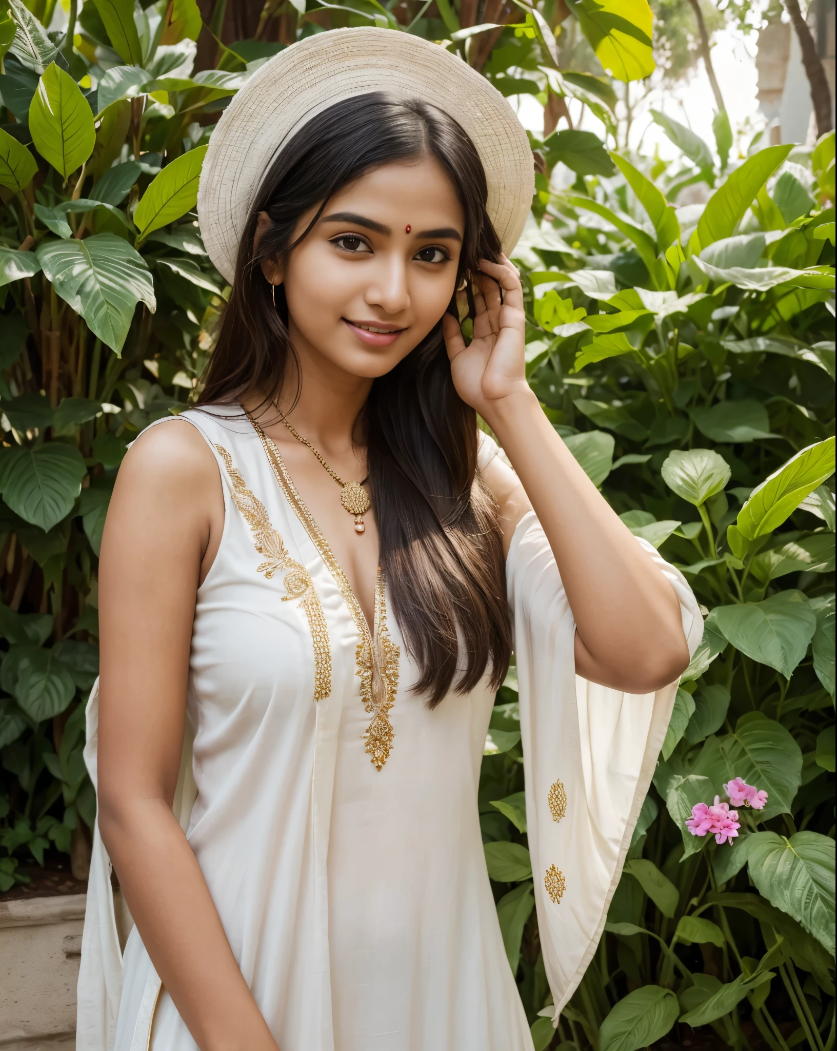 indian girl , vacation in Delhi, Delhi, Garden , portrait photo, Amazing, wearing indian outfit, body covered outfit, portrait, neon lightening, beautiful nose, beautiful eyes, perfect anatomy,slender body, beautiful smile, full body, high heels, fluffy cheeks, cute girl, less makeup on face, minimalistic makeup, natural looking photo, close up photo