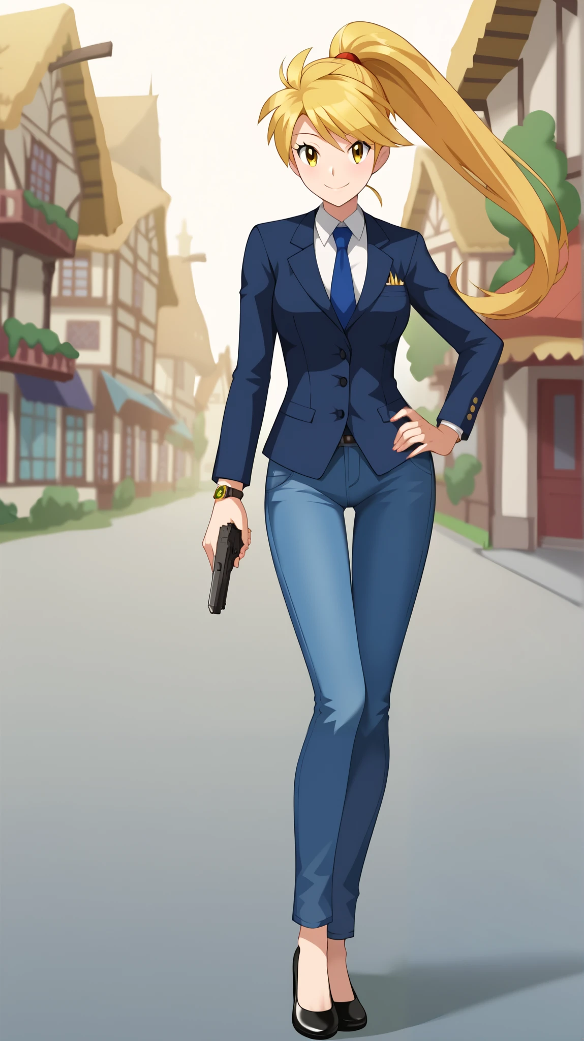 (( top quality )), ((masterpiece)), (( Details)), 1girl,  golden hair color,  ponytail,  long hair, Yellow Eyes,  career woman,  business suit, jeans suit ,  black high heels, Pistol,  Tall,  ANIME COLORING BOOK,  Watch Viewers , 1 Female, ,  is standing, whole body, Place one hand on hip,  slim figure,  sexy smile,  seductive smile, Two legs, two arms, town, (\ Pokémon\),  score_9,  score_8_Excellent,  score_7_Excellent,  score_6_Excellent,  Source_Anime,  Cell Shading,  flat color, vector,
