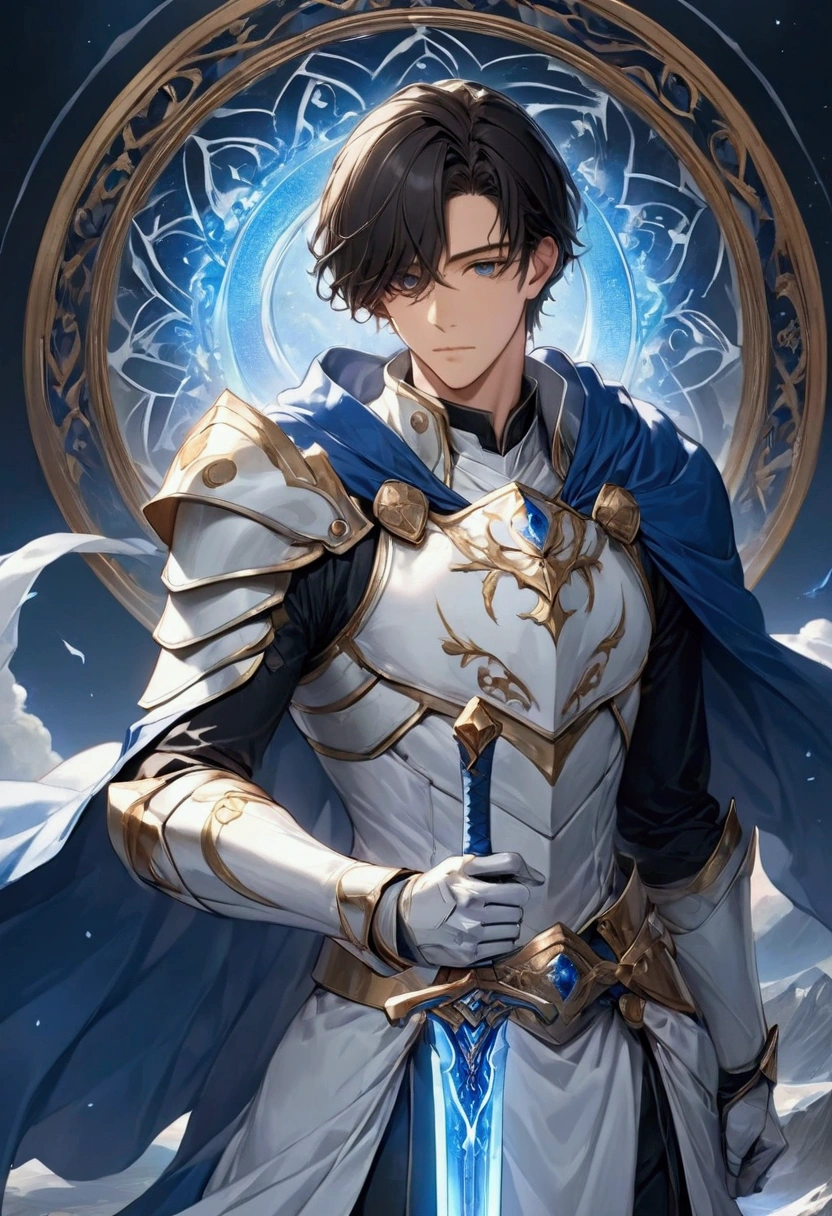 's greatest masterpiece ,  High Quality  , 25-year-old handsome dark-haired young man"Asuka" , Young Hero , Alone , Paladin with majestic white armor and a blue cloak , ( thrusts the sacred sword to the earth ) , Wear a sacred blue aura , Real Digital Art  ,  very detailed , 4ｋ
