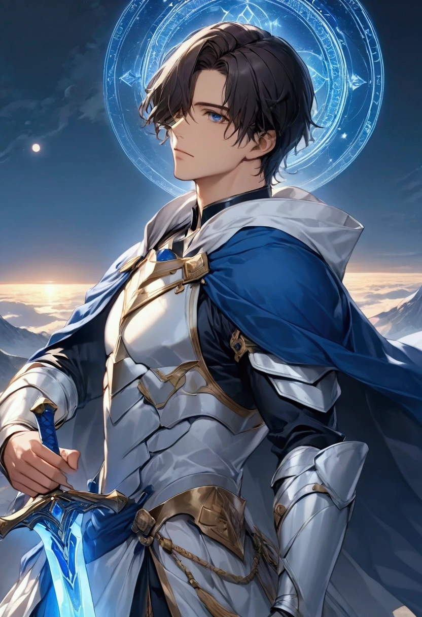 's greatest masterpiece ,  High Quality  , 25-year-old handsome and fearless dark-haired young man"Asuka" , Young Hero , Alone , Paladin with majestic white armor and a blue cloak , ( thrusts the sacred sword to the earth ) , Wear a sacred blue aura , Advanced magic circle blue on the earth  , Real Digital Art  ,  very detailed , 4ｋ
