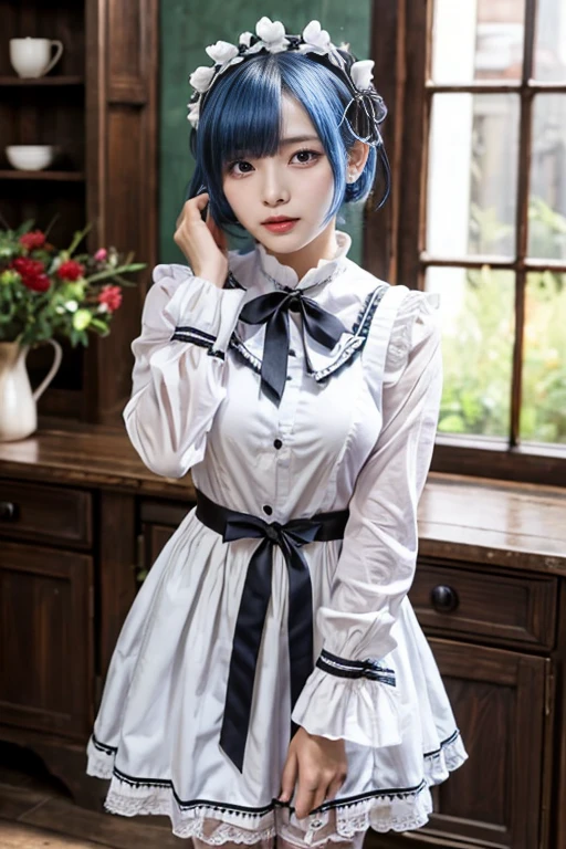 ​masterpiece,  top quality , Hi-s, Rem 1,  one girl , solo, IN\(:Stay Night\),  blue hair,  white tie high ,  short hair with shadows,   red eyes,  Hair over one eye, Ribbon trim,  hair bow,  hair ornament, frilld,  maid's headdress,  waist apron ,  Garter Strap ,  black ribbon,  small boobs,  Long Sleeve ,  white apron,  ribbon around neck ,  Purple Ribbon ,  wide sleeve, Flowers in hair,