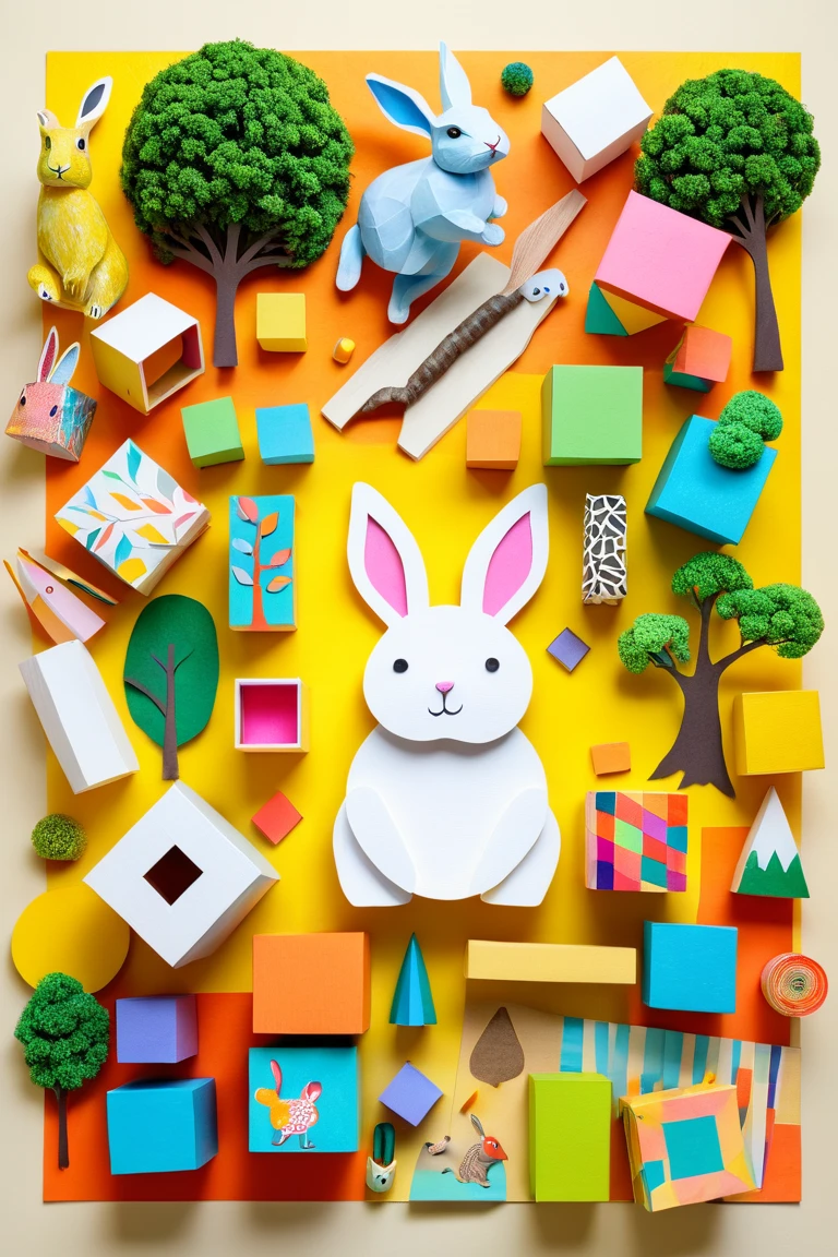 collage+knolling, cubes, trees, rabbit, vivid colors, papier-mache