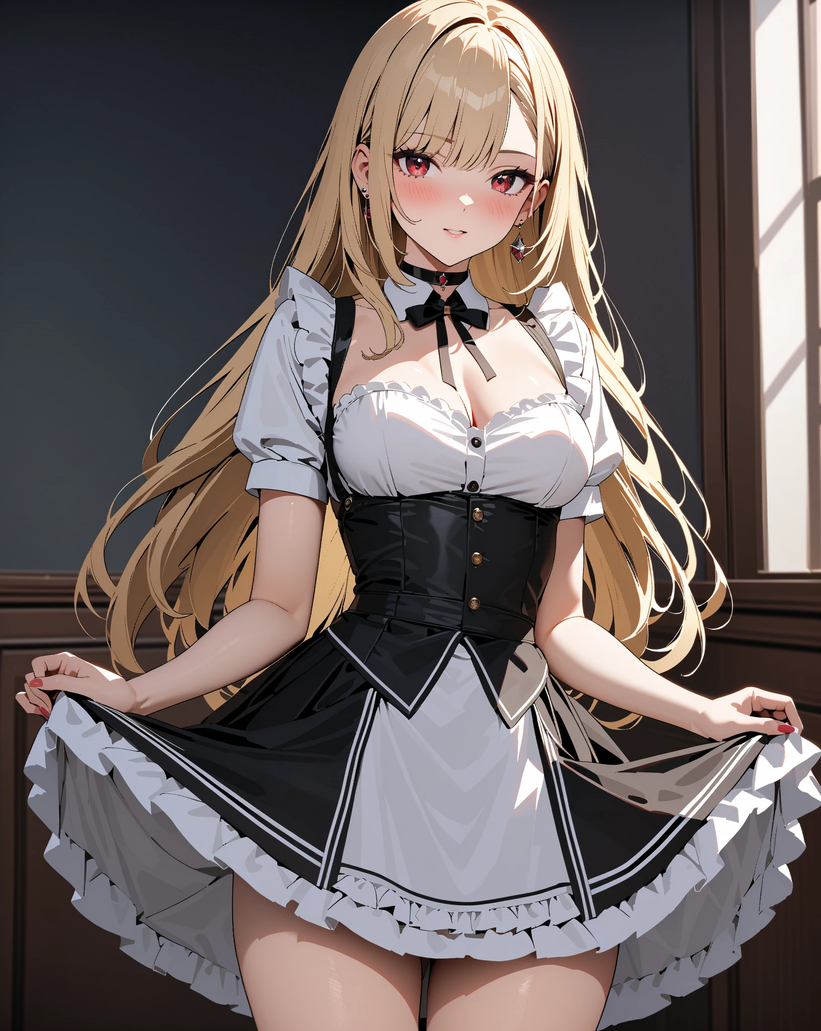 A woman with big ,Gorgeous woman,Mature,ahegao,Long blond hair,twintails,Exquisite,(((transparent))),Red ribbon,Off-shoulder,Cleavage,Slim waist,pubic,blush,ta,Maid coffee shop,