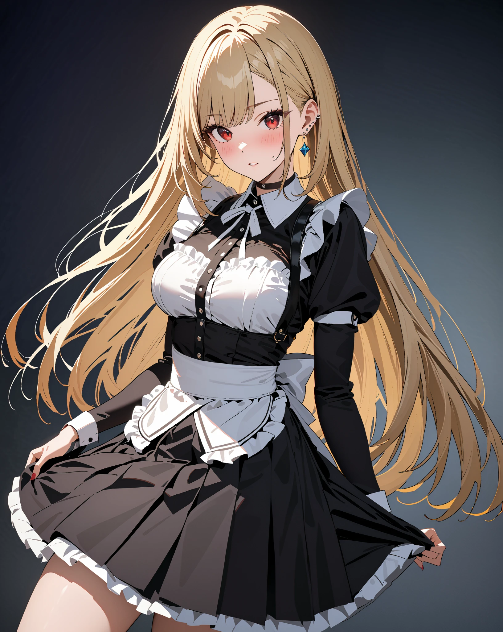 16-year-old girl、Long curled hair、Blonde、Young body type、She's wearing black clothes like a young lady