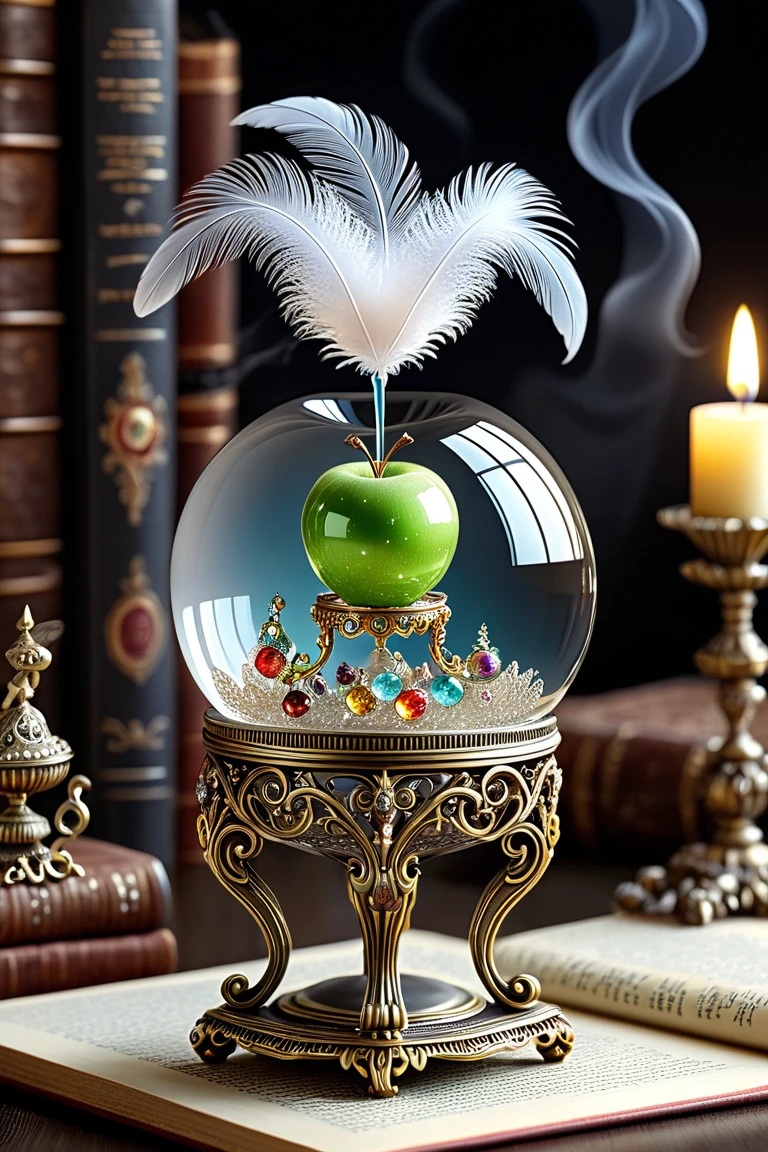 macro-micro world in a transparent 3D apple on a high leg against the background of an antique book, feathers and lace, hyper-detailed, tiny-alien-dwarf-many-eyed kawaii sitting, flying in the smoke, wonders from sphere, decorated with precious stones in the style of Faberge, filigree , on table candelabra