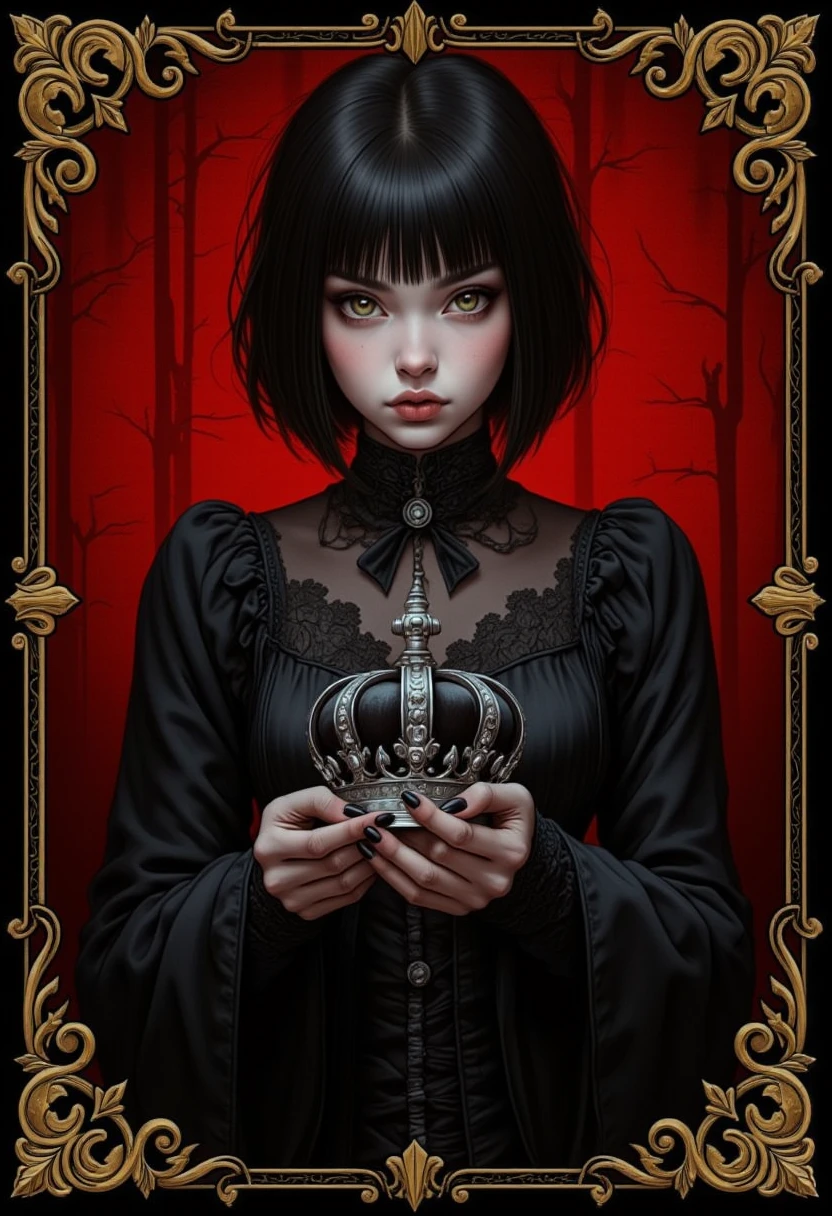 1 goth girl,  black hair,  short hair,  Gothic,  Quadro, gwent CB01, Alma 3142 ,  holding a crown, capa de livro  Gothic,  arabesques in gold on the edges, blood red background, 