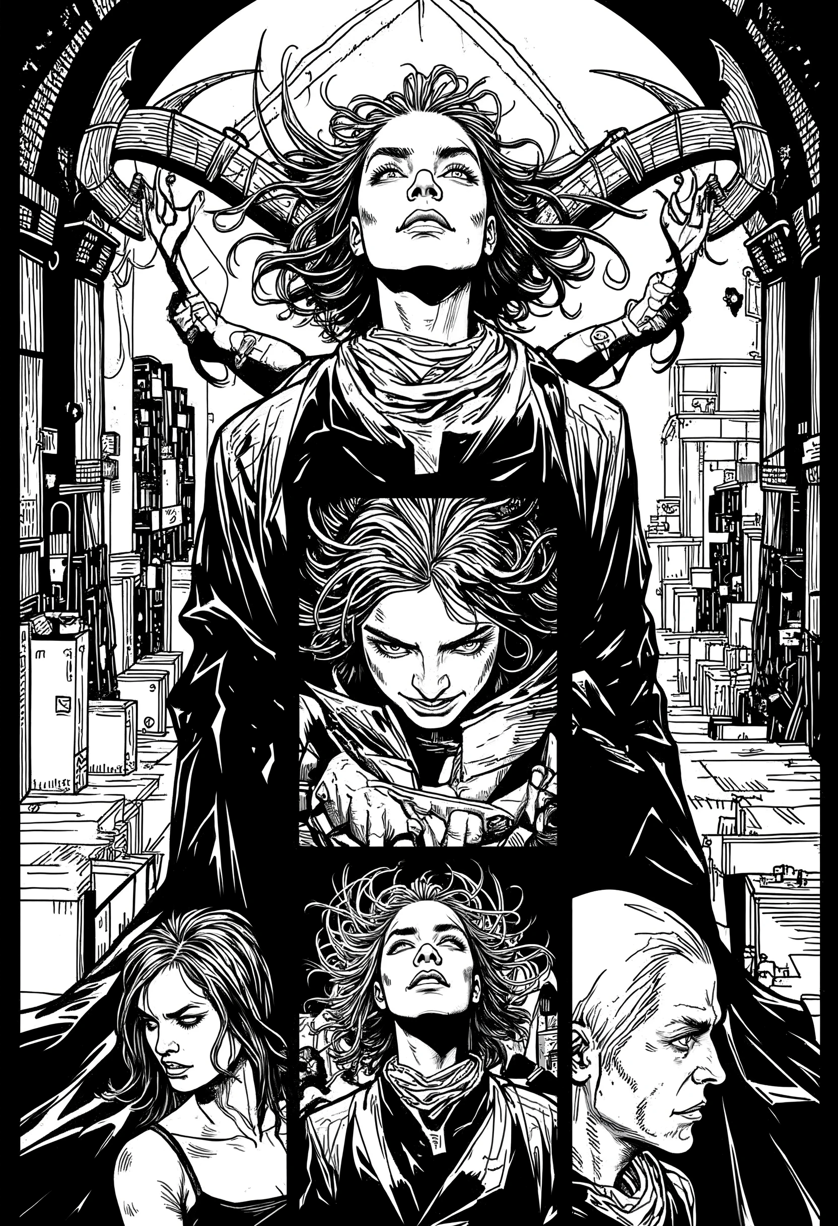 Portraying General Style : The rhythm of the visual narrative combines larger frames for dreamlike and claustrophobic scenes with small, focused frames for the most emotional and introspective moments.
The comic book of "Eternal Dream " invites the reader to explore the complexities of life and death through raw features and an engaging visual narrative , that always leaves a question in the air : What is real ? . Based on the text above, create a black and white noir comic style image keeping the same seed as the black and white character noir and keeping the same seed as the character, artwork, main art, highly detailed official art , High Quality 8K , Epic european Art, official poster art, high definition art