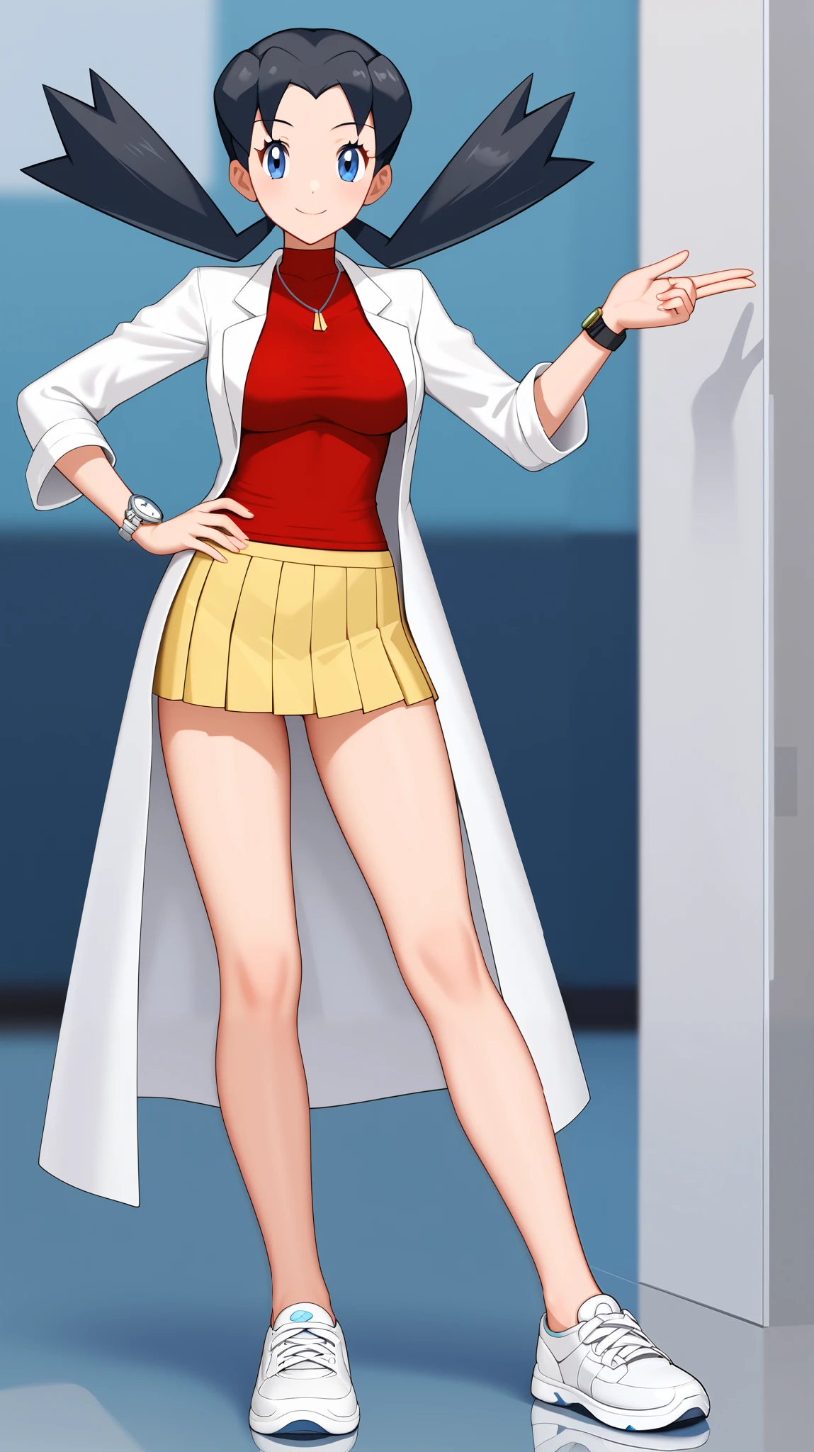 (( top quality )), ((masterpiece)), (( Details)), 1girl, Blue-black hair,  twin tails,  blue eyes,  yellow pleated mini skirt, red sleeveless shirt, white lab coat , White shoes,  thighs,  beautiful feet, Ample breasts,  Tall,  Watch Viewers , 1 Female, Age 18,  is standing, whole body, Place one hand on hip,  slim figure,  sexy smile,  seductive smile,  score_9,  score_8_Excellent,  score_7_Excellent,  score_6_Excellent,  Source_Anime,  Cell Shading,  flat color, vector, Research Room, (\ Pokémon\), Two legs, two arms,