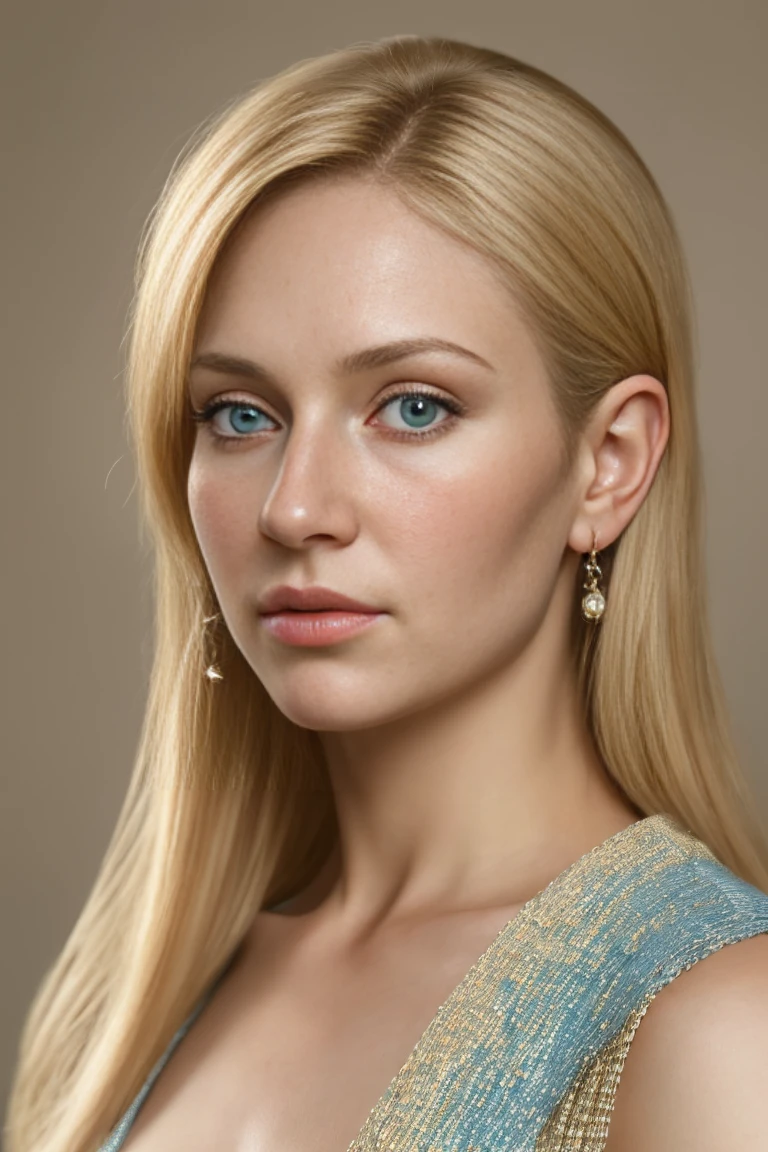 (the most realistic style, as close as possible to real life ) Create a portrait of a girl with an Old Russian appearance in modern realities.  she has blond hair ,  blue eyes ,  soft facial features and a noble gaze .  Her skin is ultra detailed , with texture,  reflecting the natural shine and the smallest pores .  She is depicted on a neutral background , being in the center of the composition ,  with light elements of modern accessories or clothing ,  background that blend harmoniously with her traditional appearance . The portrait is made of high quality (4K),  with a focus on facial details and eye expression.
 