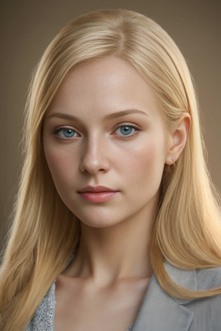 (the most realistic style, as close as possible to real life ) Create a portrait of a girl with an Old Russian appearance in modern realities.  she has blond hair ,  blue eyes ,  soft facial features and a noble gaze .  Her skin is ultra detailed , with texture,  reflecting the natural shine and the smallest pores .  She is depicted on a neutral background , being in the center of the composition ,  with light elements of modern accessories or clothing ,  background that blend harmoniously with her traditional appearance . The portrait is made of high quality (4K),  with a focus on facial details and eye expression.
 