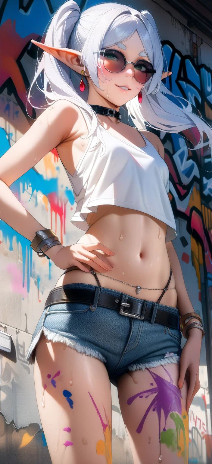 high-key and low-variance brightness scale,soft light,realistic light and shadow, light and dark interlaced,(cowboy shot:1.3),female focus,looking at viewer,dramatic angle,(solo:1.6)
(masterpiece),(best quality),(highres),(by famous artist),(((official art))),(by Paul Hedley),(illustration),(graffiti:1.5),(paint splatter:1.3),
1girl,(frieren:1.6),(elf:1.4),fashionable female
(small breasts:1.3),(underboob:1.5),(whole body),(paint on face:1.2),(round face),(pointy ears),(slim legs),(skinny body),(detailed beautiful face),lustrous skin,shiny skin,(articulated fingers),navel,midriff,((fullness lips))
(white tank top:1.4),(thong:1.4),(frayed denim shorts),(white socks),(sport shoes),(off shoulders),(belly chain),belt,hair ornament,heart-shaped earrings,silver bracelet,black choker 
outdoor,(summer),street,graffiti wall
((seductive smile)),blush,((standing)),(hand on hip)
(sunglasses:1.3),(green eyes)
(white hair),long hair,twintails,parted bangs,(reflective hair),