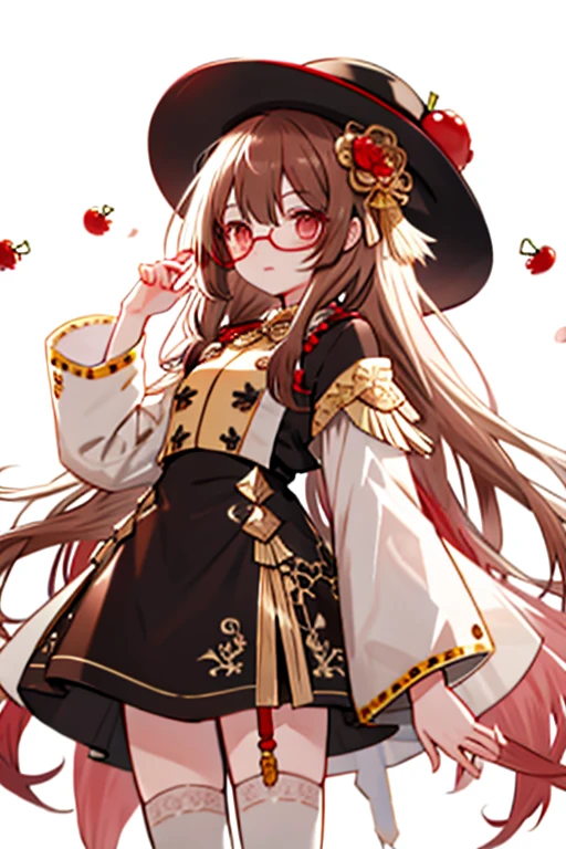 masterpiece, 1girl, ,htcherries, very long hair, brown hair, hair rings, hair between eyes, red eyes, flower-shaped pupils, eyewear on head, round eyewear, sunglasses, white hat, white and red dress, Chinese clothes, detached sleeves, black thighhighs, from below:1.2