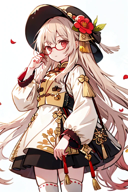 masterpiece, 1girl, ,htcherries, very long hair, brown hair, hair rings, hair between eyes, red eyes, flower-shaped pupils, eyewear on head, round eyewear, sunglasses, white hat, white and red dress, Chinese clothes, detached sleeves, black thighhighs, from below:1.2