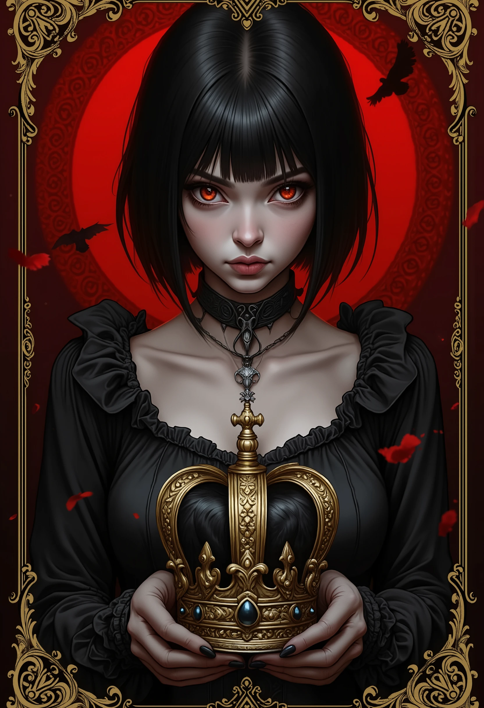 1 goth girl,  black hair,  short hair,  Gothic,  Quadro, gwent CB01, Alma 3142 ,  holding a crown, capa de livro  Gothic,  arabesques in gold on the edges, blood red background, 