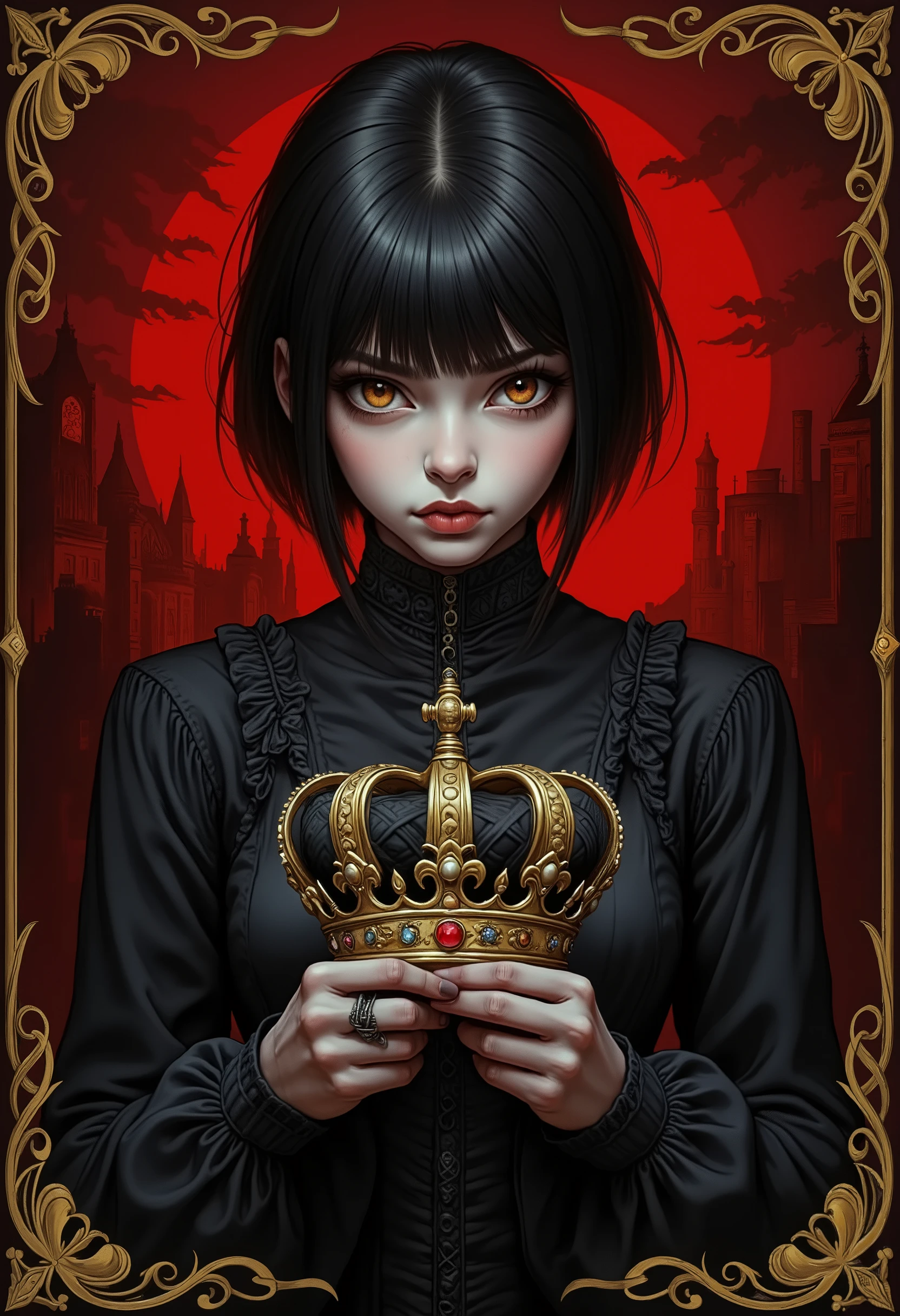 1 goth girl,  black hair,  short hair,  Gothic,  Quadro, gwent CB01, Alma 3142 ,  holding a crown, capa de livro  Gothic,  arabesques in gold on the edges, blood red background, 