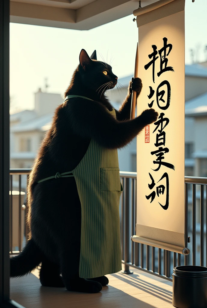 ultra-realistic, photorealistic, dramatic scene, shadow, global-illumination, the human-like giant black cat\(wearing a vertical striped green apron, black cat, holding a big thick brush for calligraphy\), the cat is hanging a huge piece of calligraphy outside the balcony fence, the calligraphy\(a work of art written in English cursive using a brush, "Happy New Year!" is written on the huge white handmade paper\), a large black ink bucket, at the balcony of the stylish Japanese urban apartment, sunny day in winter