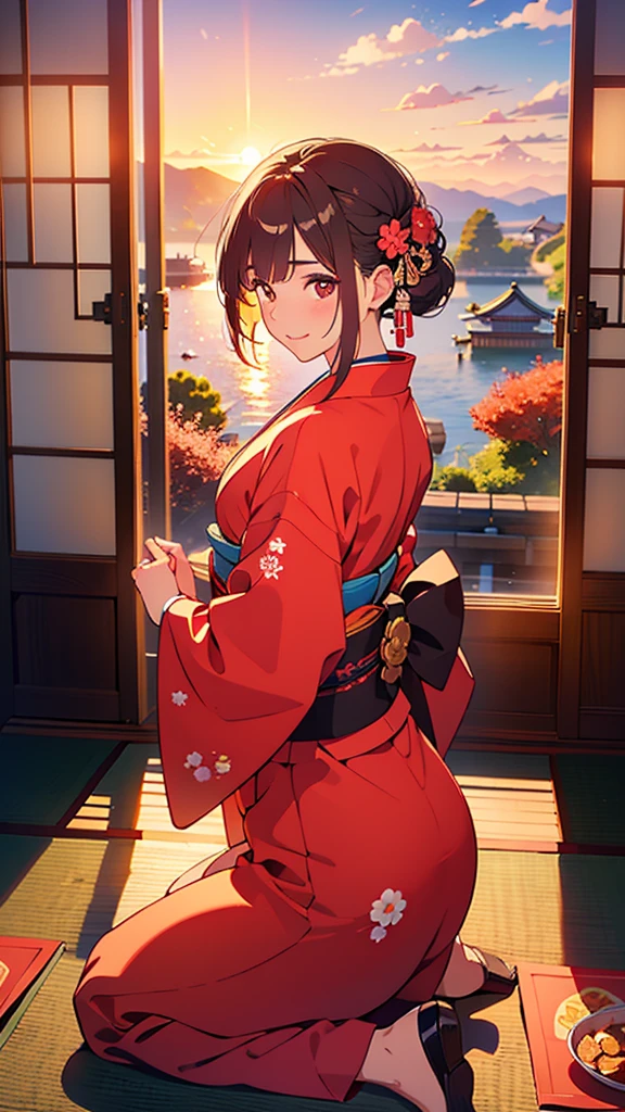 (( top quality )), ((masterpiece)), (  Details),  A beautiful girl with a traditional Japanese New Year theme 。 bright first sunrise in the background 、New Year&#39;s pine decoration、 kimono to celebrate the new year, and 、 a scene where the soft winter morning sun shines in 。 wears a gorgeous red and gold Japanese-style kimono 、 A beautiful girl with a traditional Japanese New Year theme 。 black hair has long, gentle hair and 、 incorporates plum blossoms and fan motifs in her hair ornaments 。 The expression is elegant and gentle 。 shimenawa is arranged on the pattern of the Kiyoshi 、bamboo、 plum blossoms are drawn 、 emphasizes the glamor of the New Year 。The overall atmosphere is bright、A pine 々Evoking a sense of serenity。