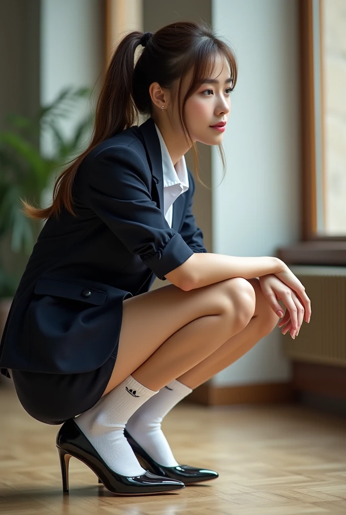 Girl (Masterpiece: 1.4), (8K, Real, Raw Photo, Best Quality: 1.4), Japan Person, (1 Girl), Beautiful Face, (Real Face: 1.4), (Caramel Hair, Long Hair: 1.3), Beautiful Hairstyle, Realistic Eyes, Beautiful Detail Eyes, (Real Skin: 1.3), Beautiful Skin, Attractive, Ultra High Resolution, Ultra Realistic, High Definition, Golden Ratio, (Detailed Face: 1.4), (Anna Tanaka), Innocent High School Student, Navy blue blazer and pleated skirt, NSFW, pose (bend knees and open legs), front