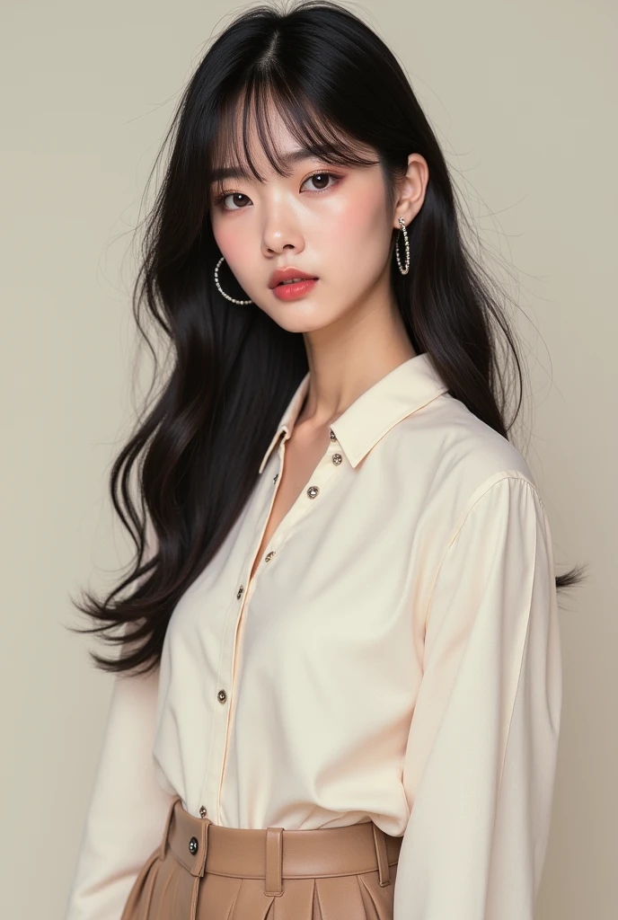 top-quality、​masterpiece、hight resolution、1girl in、独奏、Raw photo、Real person、Detailed skin、White Room、studio shoot、Only the wall、White walls only、fully body photo、japanes、Medium Hair、fully body photo、piercings、Wearing a shirt with buttons、modeled