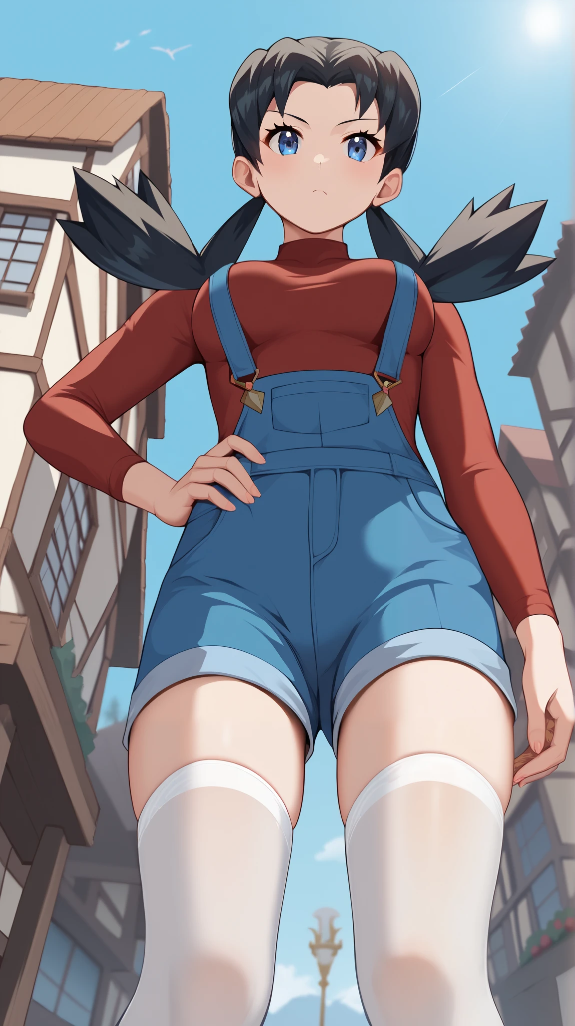 (( top quality )), ((masterpiece)), (( Details)), 1girl,  sexy, blue-black hair color,  twin tails,  long hair,  blue eyes, red long sleeve shirt , blue shorts overalls,  white knee-high stockings reflective on glass floors,  absolute domain,  thighs, orange laces ,  Tall,  ANIME COLORING BOOK,  look down,  Looking up from below , 1 Female, Age 18,  is standing, whole body, Place one hand on hip,  slim figure,  serious expression, Ample breasts, town, (\ Pokémon\),  score_9,  score_8_Excellent,  score_7_Excellent,  score_6_Excellent,  Source_Anime,  Cell Shading,  flat color, vector, Two legs, two arms,