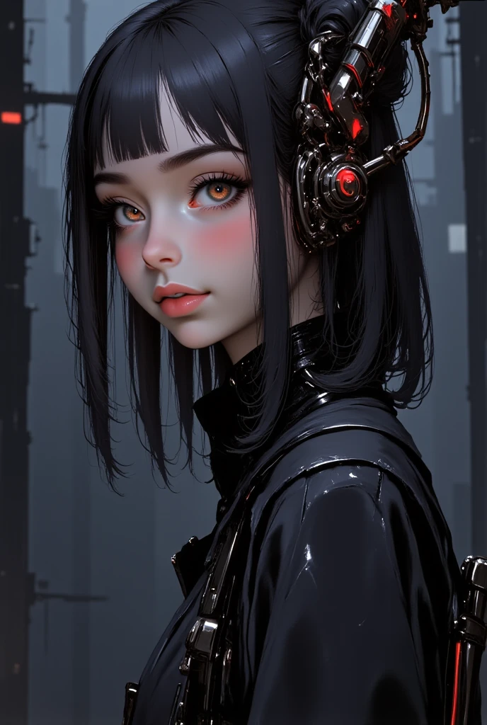 Anime girl, black hair, bun hair, leather jacket, dark style, hazel eyes. Profile icon. hand on chin, face in profile