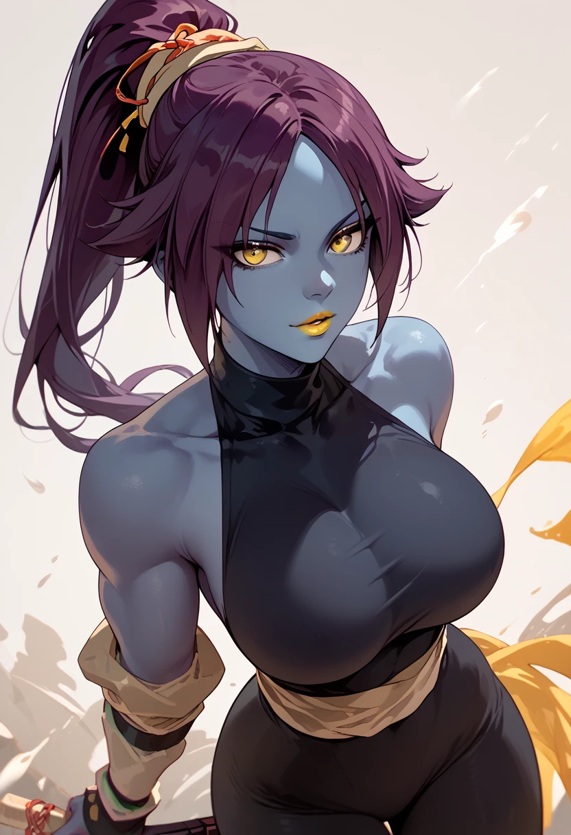 woman, blue skin, yellow lipstick, greenish yellow hair, ponytail, yellow eyes, big breasts, anime style, Yoruichi 