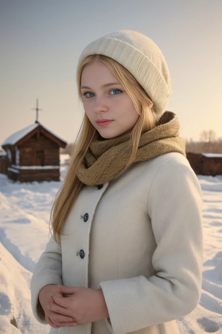  Create an image of a girl with Old Russian appearance in modern realities .  she has blond hair ,  blue eyes ,  soft facial features and a noble gaze .  She is facing the camera against the background of an interesting winter location , For example, of an ancient Russian village , drowning in snow.  Her skin is ultra detailed , with texture,  reflecting the natural shine and the smallest pores ,  that emphasizes the realism of the image .  Light elements of modern clothing or accessories blend harmoniously with the environment.  The composition of the frame focuses on the girl and the surrounding winter landscape ,  creating an atmosphere of comfort and magic . (, the image must be 4K quality )