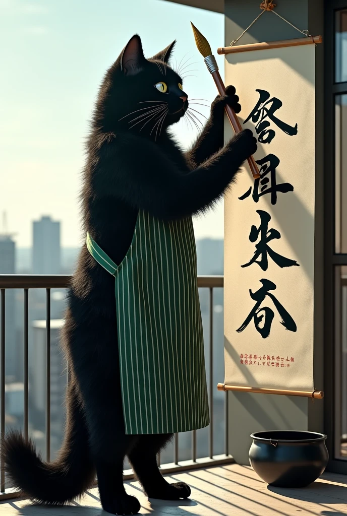 ultra-realistic, photorealistic, dramatic scene, shadow, global-illumination, the human-like giant black cat\(wearing a vertical striped green apron, black cat, holding a big thick brush for calligraphy\), the cat is hanging a huge piece of calligraphy outside the balcony fence, the calligraphy\(a work of art written in English cursive using a brush, the words "Happy New Year!" is written on the huge white handmade paper\), a large black ink bucket, at the balcony of the stylish Japanese urban apartment, sunny day in winter