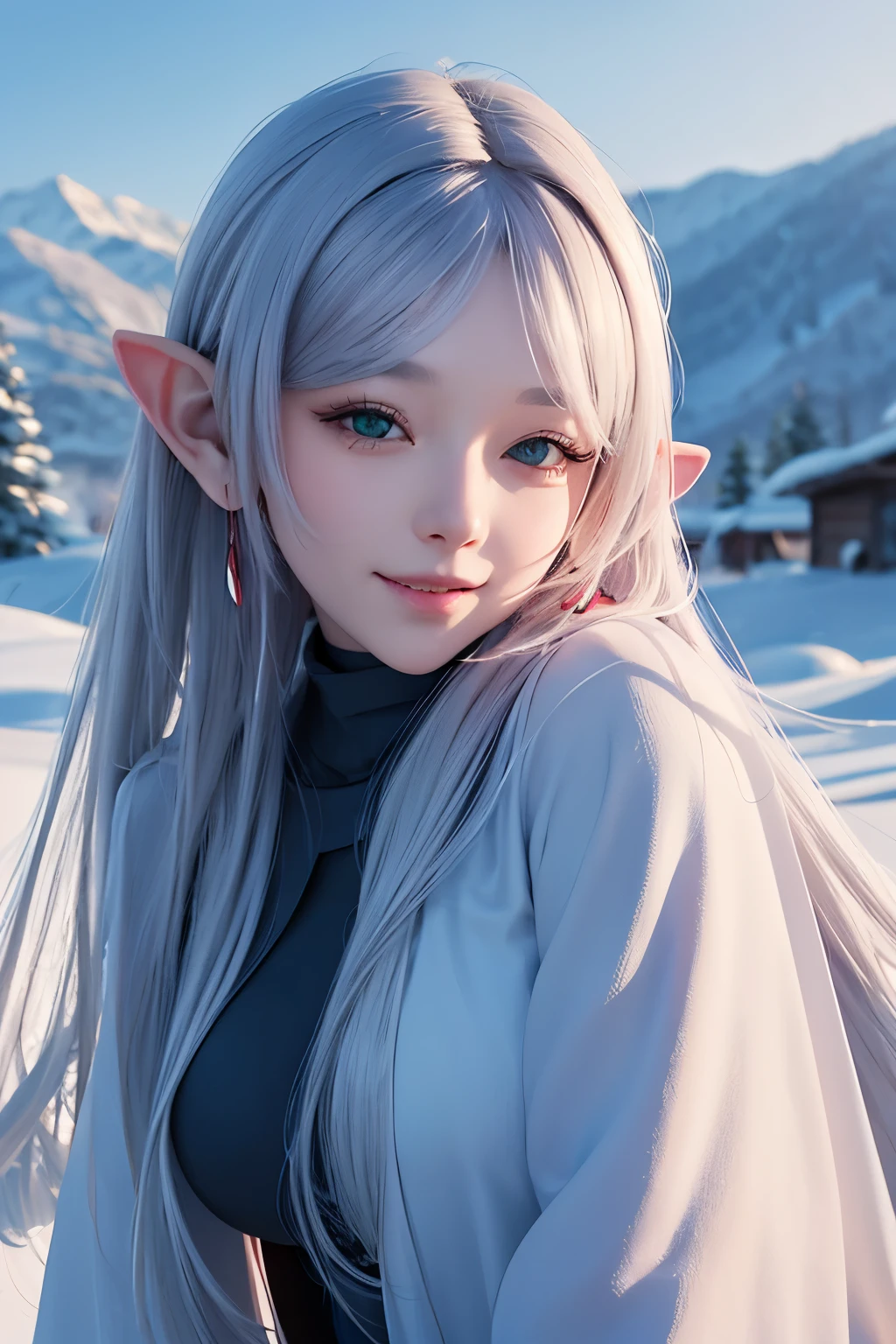 (ultra Realistic) , (illustration), (Enhance resolution), (8k), ( Extremely Detailed), ( detailed face ), Slim Body, in the dark , deep shadow, low profile, pureerosfaceace_v1, Happy smile, Winter, Mountain