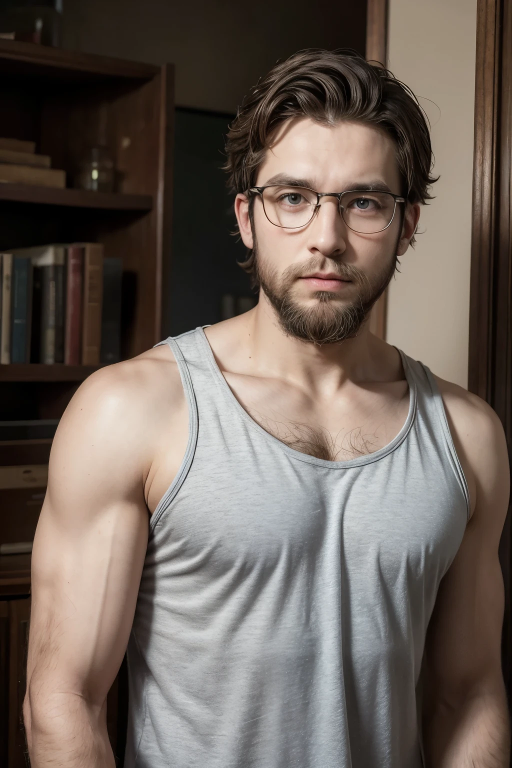 Melancholy，About，artistic conception，Big occasion,external,40 years old,Diffuse light，Chest muscles，Topless, Beard scum, Europeans and Americans,temple, Muscle tissue, Mature man,Bodybuilder，gold blue colors、Pure purple black，June，Dignified and elegant，temperament，short hair,Soft light,Black triangle,full-body shot,wear glasses