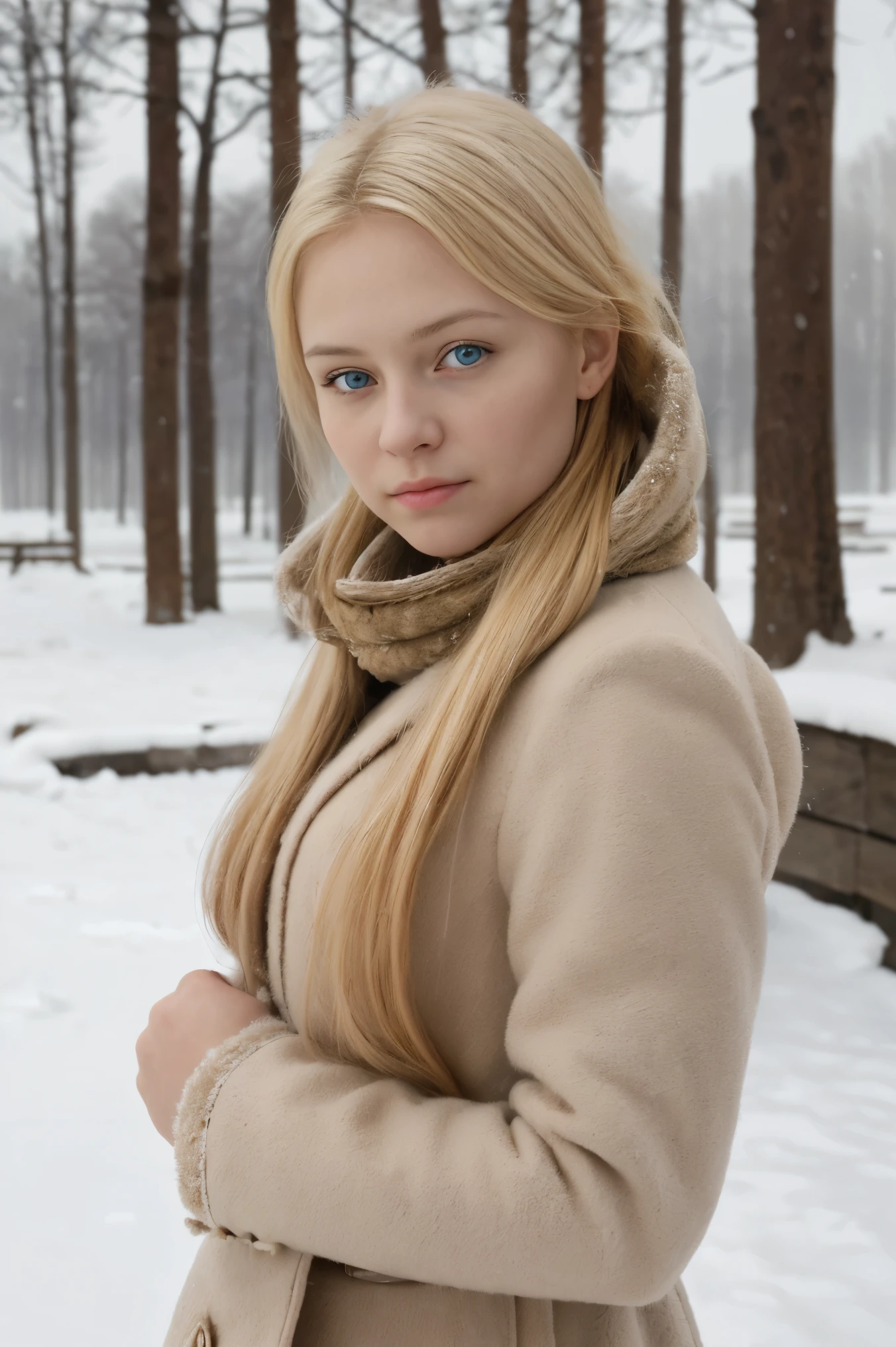  Create an image of a girl with Old Russian appearance in modern realities .  she has blond hair ,  blue eyes ,  soft facial features and a noble gaze .  She is facing the camera against the background of an interesting winter location , For example, of an ancient Russian village , drowning in snow.  Her skin is ultra detailed , with texture,  reflecting the natural shine and the smallest pores ,  that emphasizes the realism of the image .  Light elements of modern clothing or accessories blend harmoniously with the environment.  The composition of the frame focuses on the girl and the surrounding winter landscape ,  creating an atmosphere of comfort and magic . (, the image must be 4K quality )