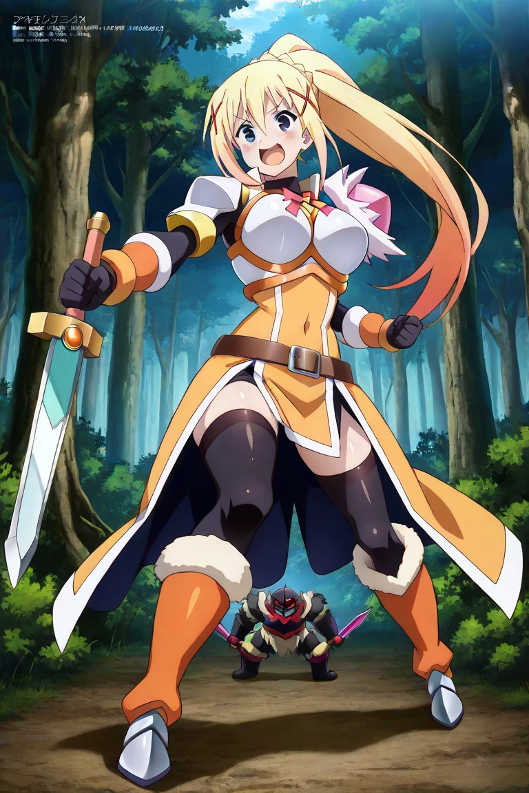 1girl,darkness,konosuba, fighting poses , dress,  fantasy forest,body armour,sword,angry,white armour, skirt white
 ,  Prompt: (huge gigantic super mega hyper:1.4),(biggest round giant massive :1.4), (only one women), source_anime,masterpiece,best quality,highres,absurdres,official art,official style,source_anime,anime screencap,anime coloring,megami magazine,anime,animated,explicit, shiny skin,hot