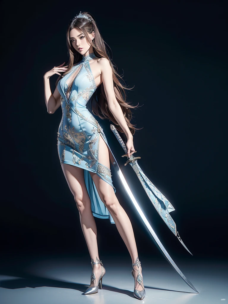 Ultra High Definition Masterpiece 8k Intricate Details  ( An Extraordinary Beauty:1.5) Super high resolution (shot from afar, a full body shot) (, a slender, 9-life woman is in a sword fight pose:1.2) Full body photo of one woman (Light blue bodycon tight dress with extremely detailed, elaborate, and luxurious decorations ) 細い腿 ❨細かく定義された精緻な5本の指) (Blurred monochromatic background )  Straight Long Hair with a Large Sword Wearing Pointed Toe High Heels 
