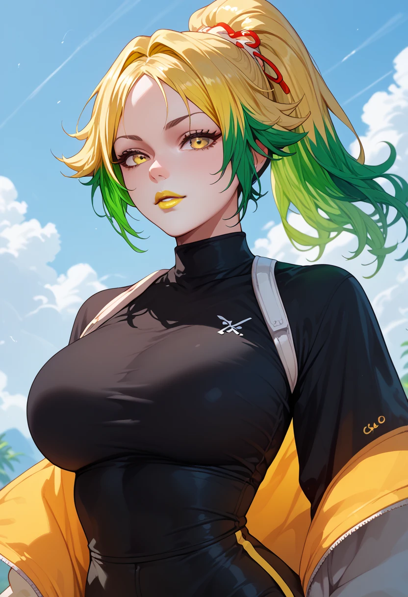 woman, white skin, yellow lipstick, green hair, yellow hair, multicolored hair, ponytail, yellow eyes, big breasts, anime style, black clothes,