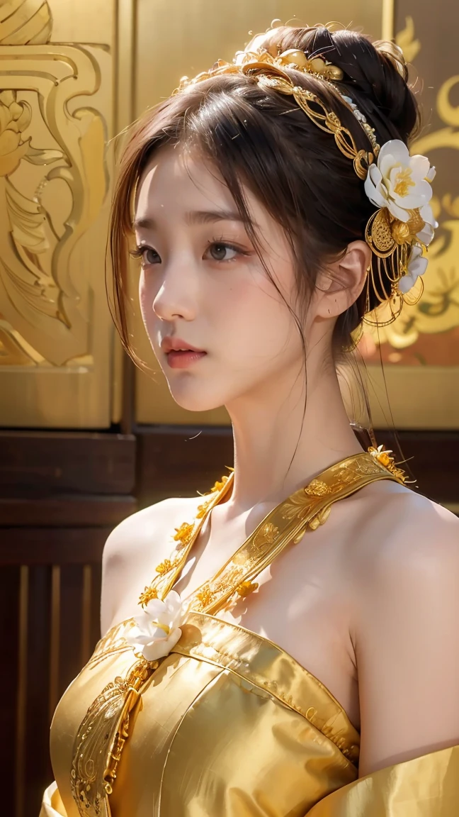 A portrait of a beautiful Thai girl wearing a golden traditional Thai dress with intricate embroidery, paired with a delicate golden headdress. Her sleek bun is adorned with jasmine flowers, set against the majestic backdrop of a Thai temple. The lighting highlights her elegance and cultural beauty, (8k, RAW photo, best quality, masterpiece:1.4), realistic
