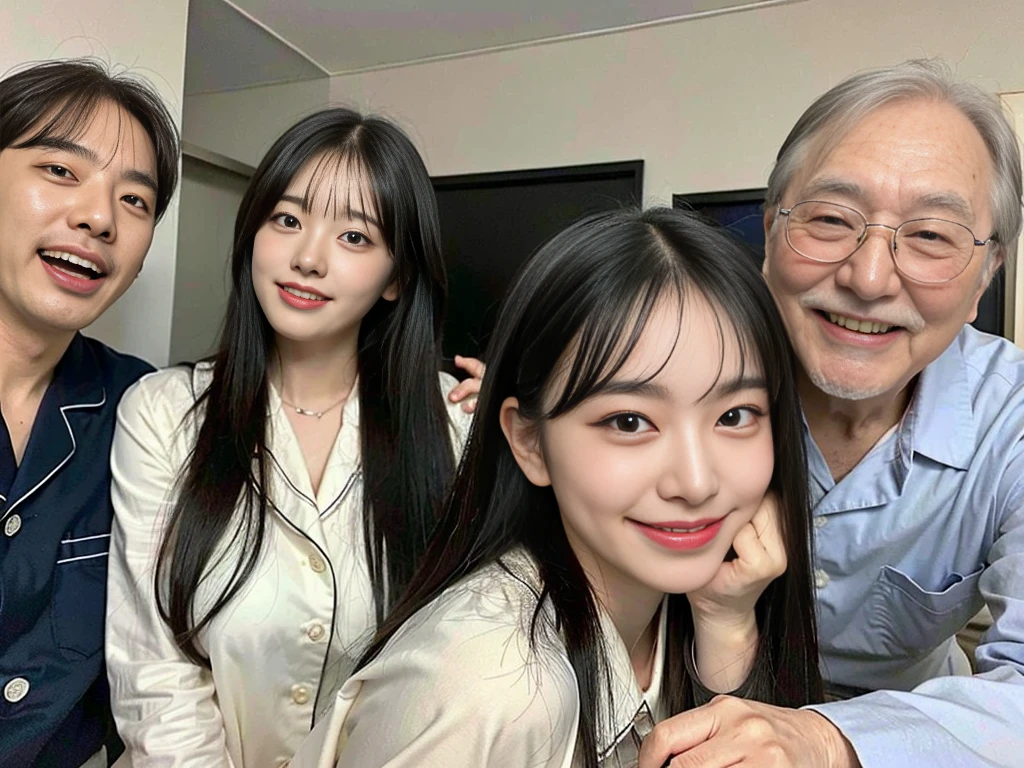 (A commemorative photo of a super cute Korean school girl duo getting along well with their grandpa:1.2)( Laughing :1.3)(Beautiful Skin:1.1)(16k,  RAW photos ,  top quality , masterpiece: 1.2),(Cute French blade with glossy, beautiful black hair )  super detailed ,  Super Resolution, (Genuine, Genuine photos: 1.37),  portrait,  High Resolution RAW Color Photos ,  Pro Pictures,  very detailed, 8k wallpaper,  very detailed CG Unity 8k wallpaper,  very detailed beautiful girl,  very detailed faces, ((whole body)), beautiful woman,  huge breasts,(huge boobs:1.1) ( big boobs:1.1), Beautiful schoolgirl ( pajamas ),high school girl,  Korean Girl,(K-POP Female Idols), (Idol-level beauty)( pajamas :1.1)( king size bed:1.1)()small face,small head,Black Hair,(perfect makeup)(stunning:1.2)(realistic)